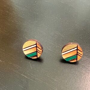 Wood Inlay Geometric Stud Earrings - Natural, Orange, Green